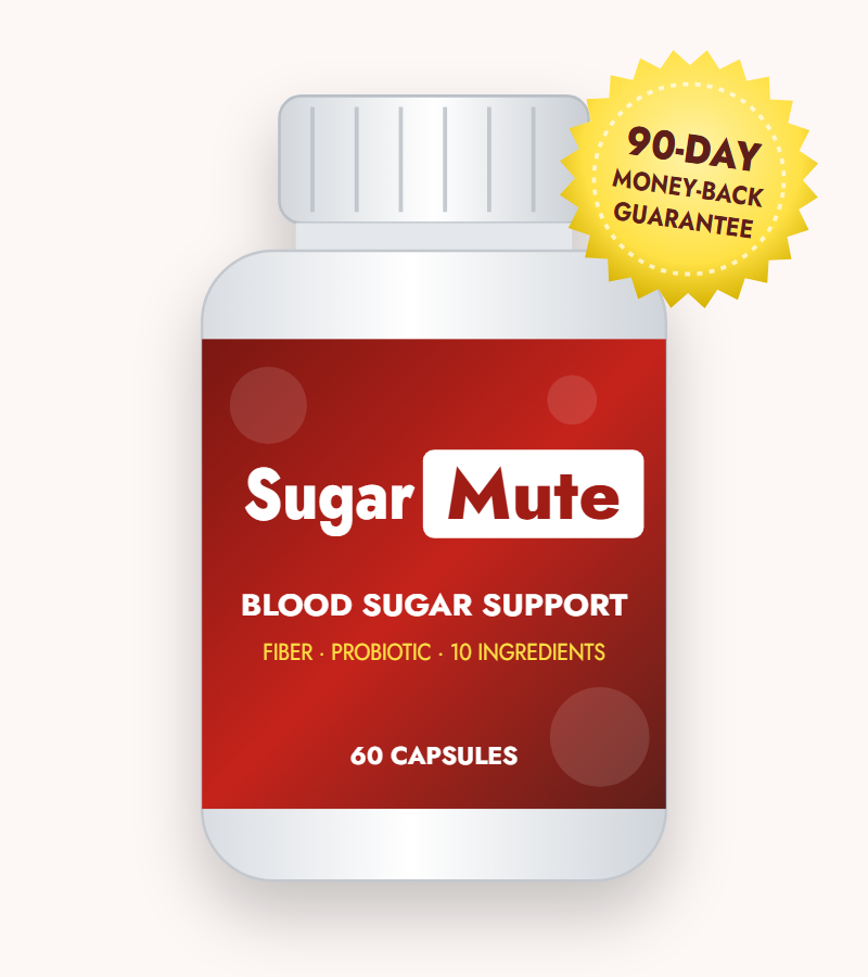 SugarMute blood sugar support supplement bottle with 90-day money-back guarantee